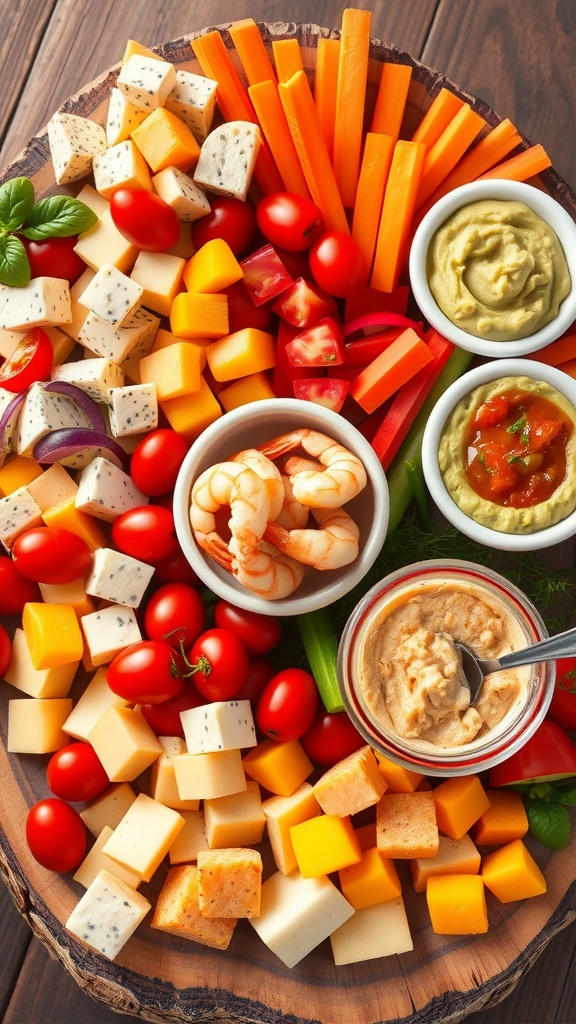 A beautiful appetizer spread with cheese, veggies, dips, and shrimp on a rustic wooden platter.